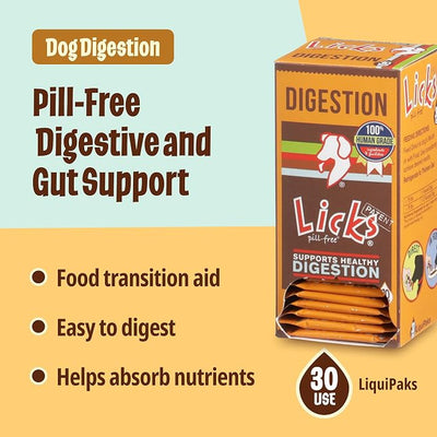 Licks Dog Digestion - Gut Health, Nutrient Absorption & Food Transition Support for Dogs - Digestive Enzymes with Bromelain - Pill-Free Liquid Packets - 30 Packets