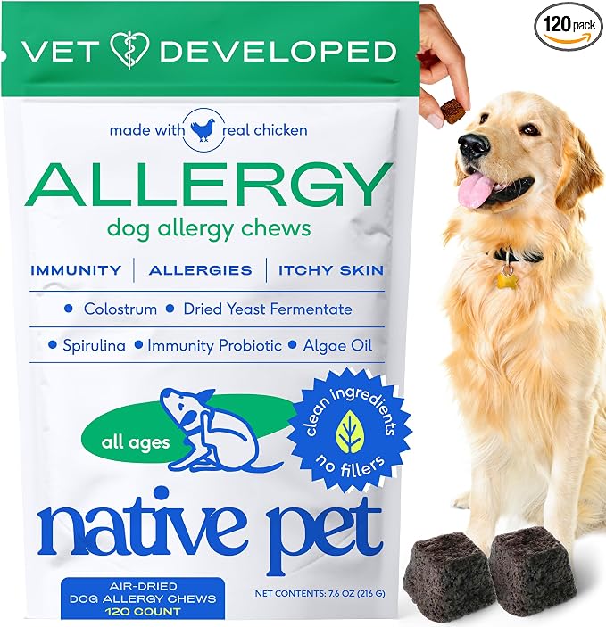 Native Pet Dog Allergy Chews - Dog Allergy Relief for Medium Breeds - Supports Seasonal Itch Relief, Healthy Immune Function & Reduces Sneezing - Colostrum, Spirulina, & Probiotics - 120 Days Supply