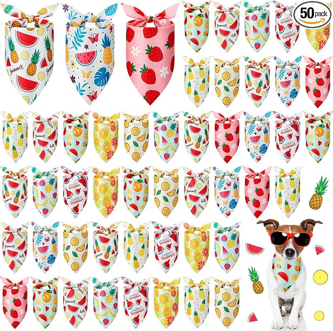 50 Pcs Fruit Dog Bandanas Bulk for Summer Soft Bibs Adjustable Triangle Pet Bandana for Small Medium Large Costume(Fruits Pattern, 25.6 x 17.7 x 17.7 Inch)