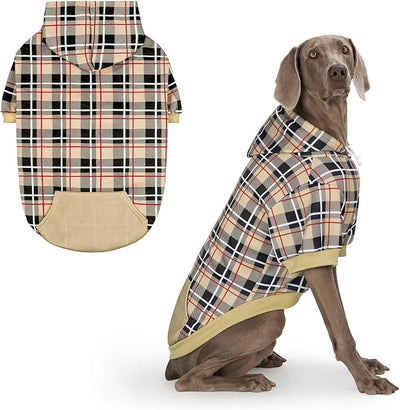 EXPAWLORER Plaid Dog Hoodie - British Style Warm Dog Sweater Shirt with Leash Hole,Pitbull Clothes Outfits,Winter Coat Apparel for All Breeds Puppy Girl Boy-Cat Apparel,Beige XX-Large