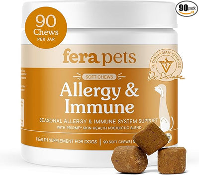 Fera Pets Dog Allergy Chews – Allergy Relief & Itching Skin Relief – Immune & Gut Support with Organic Mushrooms, Postbiotics & Colostrum – Promotes Skin Health – 90 Soft Chews