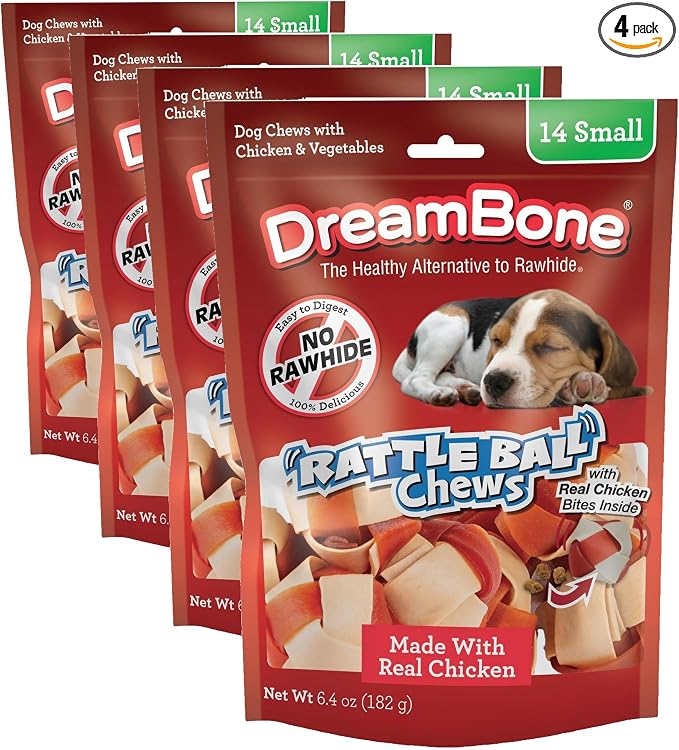 RattleBall Small Chews, Rawhide-Free Chews for Dogs, with Real Chicken Treats Inside, 14 Count (Pack of 4)