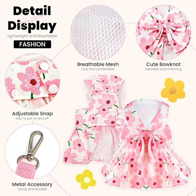 ABRRLO Cute Dog Dress Small Dog Clothes For Girls Female Puppy Outfit Pink Floral Pet Summer Clothes Bowknot Doggy Cat Princess Dress Harness Set for Holiday Birthday Party Costume Clothing (Pink,XXL)