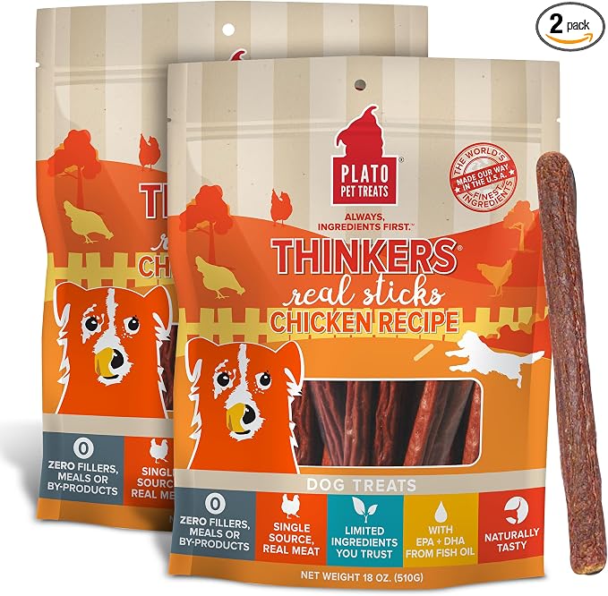 PLATO Pet Treats Thinkers - Meat Stick Treats for Dogs - Limited Ingredient Dog Treats with EPA and DHA to Support Skin, Coat, and Brain - Air-Dried Dog Treats - Thinkers Chicken 18oz - 2 Pack