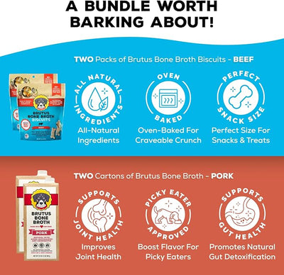 Brutus Bone Broth for Dogs Bundle Pack - Beef Biscuits Dog Treats, Pack of 2 (8oz) and Pork Bone Broth Food Toppers, Pack of 2 (32oz) - All Natural, Tasty & Nutritious