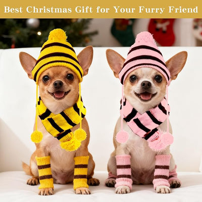 cnomg Winter Dog Hat Warm Knitted Pet Hat with Ear Holes 12Pcs Dog Hat Scarf Set with Leg Warmers for Dog Between 15-20 lbs