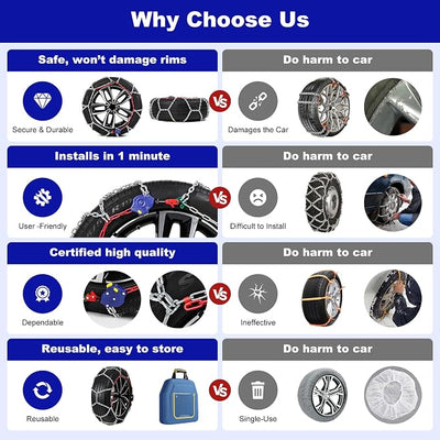 Auto-Tightening Snow Chains, 1-Minute Quick Install Tire Chains for Cars/SUVs/Trucks, 4.5MM Heavy-Duty Emergency Traction, Set of 2