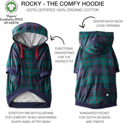 Pet Passion Rocky – The Original Lightweight Hooded Tee 100% Organic Cotton Dog Hoodie Pet Coat Sweater for All Sized Dogs, Black Watch Plaid, X-Small (5-12 lbs)
