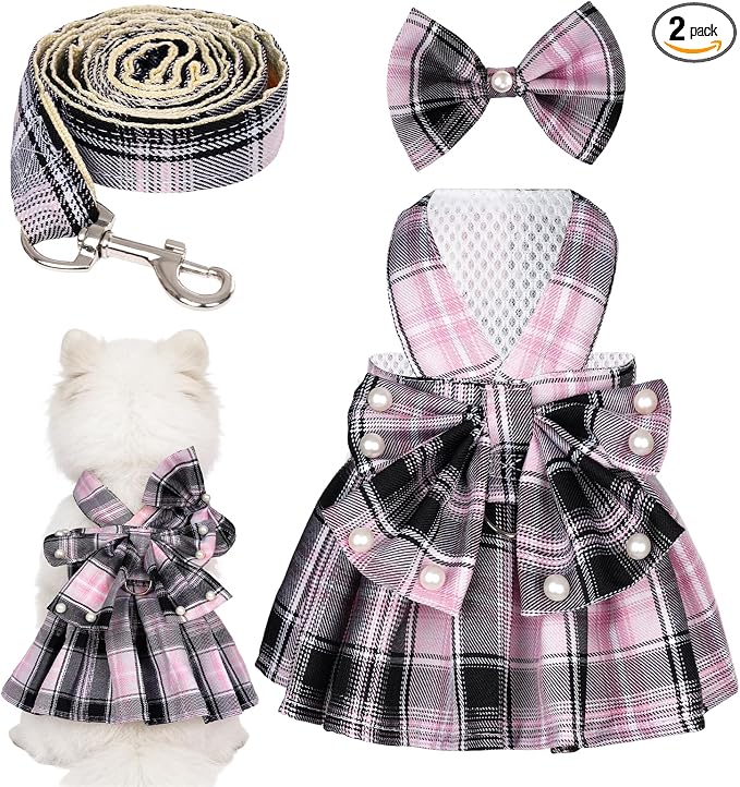 Dog Plaid Dress Harness and Leash Set with Pearls Bow Adjustable Puppy Dress Mesh Vest Bow Knot Pet Clothes for Cute Small Girl Dog Cat