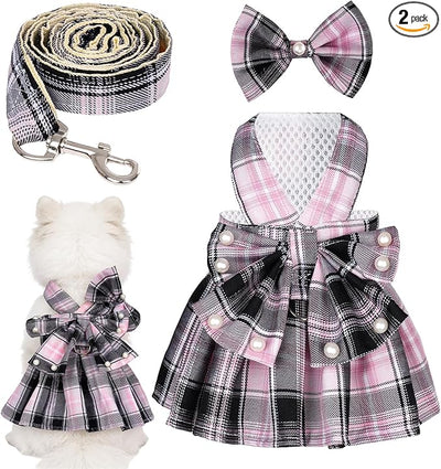 Dog Plaid Dress Harness and Leash Set with Pearls Bow Adjustable Puppy Dress Mesh Vest Bow Knot Pet Clothes for Cute Small Girl Dog Cat (Pink&Black, Large)
