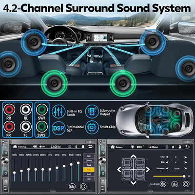 QLED Double Din Car Stereo with Dash Cam & Backup Camera, Wireless Apple CarPlay & Android Auto, Bluetooth, 4.2-Ch 2 Subwoofers Outputs, 7 inch Touchscreen, MirrorLink, FM/AM Radio