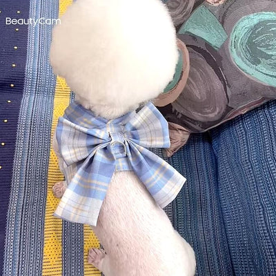 Plaid Dog Dress Bow Tie Harness Leash Set,Dog Clothes Harness Dress with Leash Ring for Small Dogs Girl, Puppy Princess Rabbit Clothes Chihuahua Yorkies Pet Outfits (Blue, Medium)