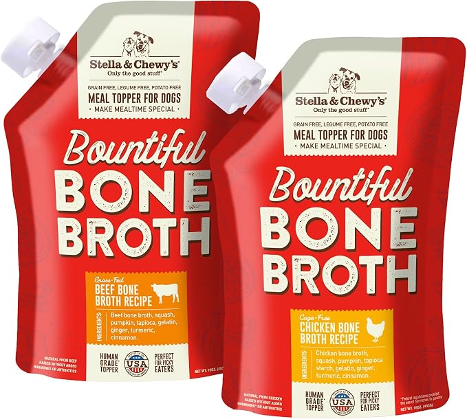 Bundle of Stella & Chewy's Bountiful Bone Broth Grass-Fed Beef Recipe, Cage-Free Chicken Recipe Meal Topper for Dogs, 16 Oz. Resealable Pouch