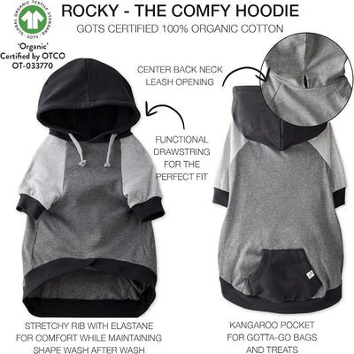 Pet Passion Rocky – The Original Lightweight Hooded Tee 100% Organic Cotton Dog Hoodie Pet Coat Sweater for All Sized Dogs, Black Color Block, Small (10-25 lbs)