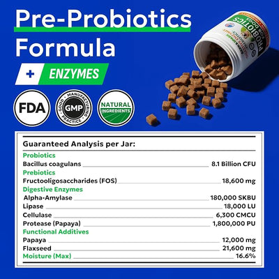 BARK&SPARK Dog Probiotics & Digestive Enzymes (Gut Health) Allergy & Itchy Skin - Pet Diarrhea Gas Treatment Upset Stomach Relief, Digestion Health Prebiotic Supplement Tummy Treat (180Ct Chicken)
