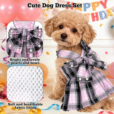 Dog Plaid Dress Harness and Leash Set with Pearls Bow Adjustable Puppy Dress Mesh Vest Bow Knot Pet Clothes for Cute Small Girl Dog Cat (Pink&Black, X-Large)