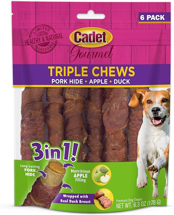 Gourmet Triple Chews Long-Lasting Pork Hide Sticks with Apple and Duck, Healthy Dog Treats for Small & Large Dogs, 6 Count