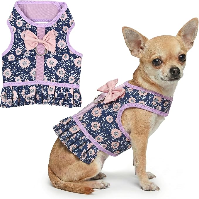 Parisian Pet Floral Dog Harness Dress - Breathable No Pull Puppy Dress with Leash Ring - 100% Mesh Fabric Harnesses for Dogs - Soft Padded Step in Pet Vest - All Weather Dog Harness Small Sized Dogs