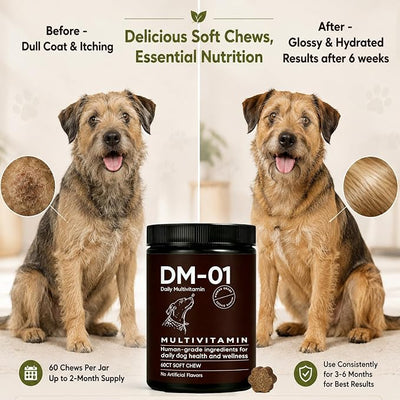 DM-01 Daily Multivitamin - Advanced Skin & Coat Support, Multivitamin Itch Relief Chews for Dog with HCI & MSM, Salmon Oil, Chondroitin & Vitamins, Promotes Skin and Coat Healthy, 60 Chews, Beef