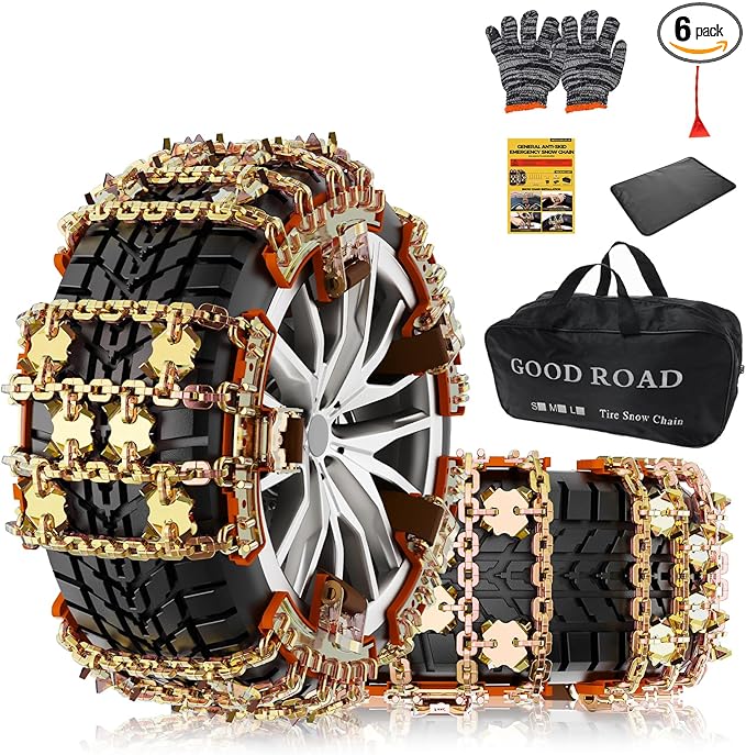 KYX Upgrade Alloy Steel Tire Chains for Car/SUV/Pickup Truks, Adjustable Universal Emergency Snow Chains for Pickup Trucks and Off-road SUV Car Tires 235 245 255 265 275 285 - Set of 6, Alloy Steel