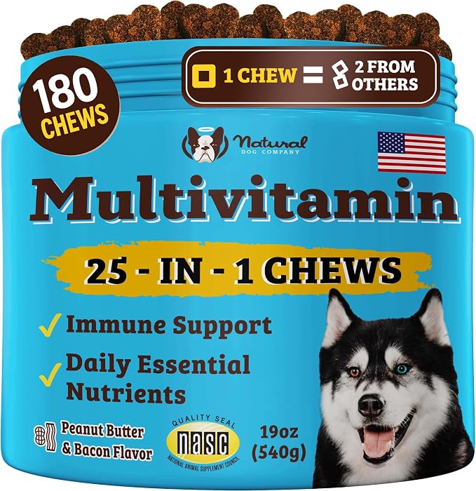 25-in-1 Multivitamin for Dogs – Vet-Formulated Soft Chews for Puppies, Adults & Seniors, Supports Joints, Skin, Coat, Immune & Heart Health, NASC Certified, 180 Count