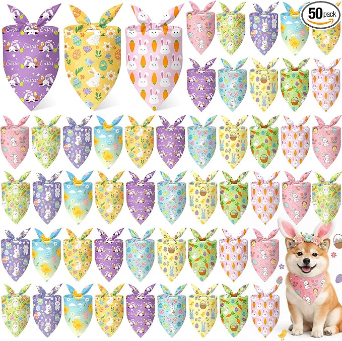 50 Pcs Easter Dog Bandanas Bulk with Bunny Rabbit Egg Carrot Pattern Soft Bibs Adjustable Triangle Pet Scarf Bowtie for Small Medium Large Costume Grooming(25.6 x 17.7 x 17.7 Inch)