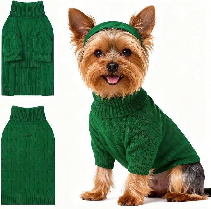 Small Dog Thermal Pullover Sweater, Classic Turtleneck Cable Knitwear Dog Clothes for Cold Weather Warm Pet Clothes for Chihuahua, Bulldog, Dachshund, Pug Green Small