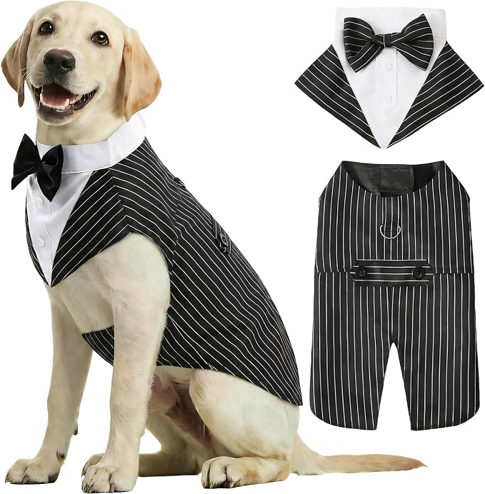 2 Pack Dog Tuxedo and Bandana Set, Pet Costume Formal Party Suit, Dog Clothes for Small Medium Large Dogs, Dog Prince Bow Tie Shirt Dog Wedding Attire for Golden Retriever (Stripes, Medium)