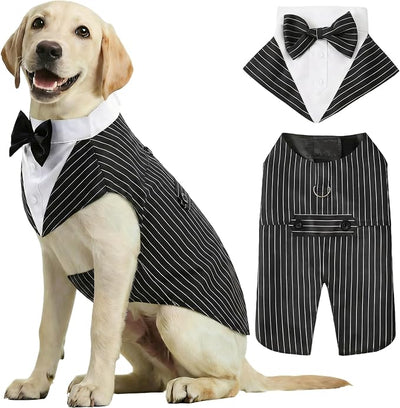 2 Pack Dog Tuxedo and Bandana Set, Pet Costume Formal Party Suit, Dog Clothes for Small Medium Large Dogs, Dog Prince Bow Tie Shirt Dog Wedding Attire for Golden Retriever (Stripes, X-Large)