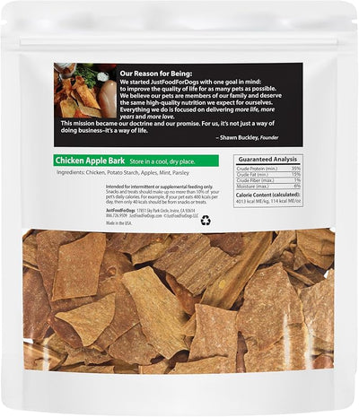 JustFoodForDogs Limited Ingredient Healthy Dog Treats and Dog Snacks, Jerky Treats, Human Grade, Preservative Free, Rawhide Free Chews, Low Calorie Treat - Chicken Apple Bark, 5 oz (Pack of 2)