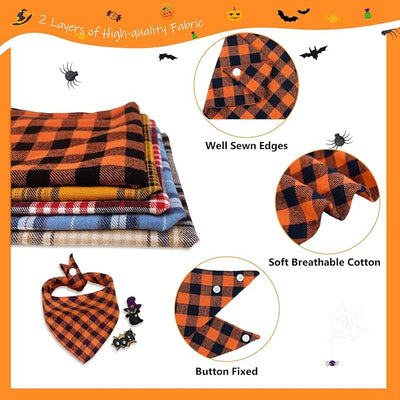 Dog Bandana with Orange & Black Plaid Soft Breathable Cotton Blend,Boo & Witch Cat Embroidery Patches,Medium