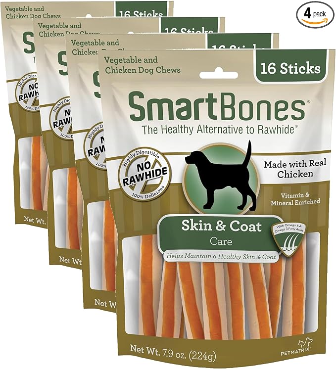Skin and Coat Care Sticks, Rawhide-Free Chews for Dogs, with Omega Fatty Acids, 16 Count (Pack of 4)