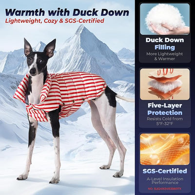 SPACE LION Dog Puffer Jacket, Down Winter Coat, Durable Outdoor Coat for Cold and Windy Conditions, Waterproof, Lightweight Jacket, Adjustable Fit for Small, Medium, Large Dogs(RedStripe, Size20/XL)