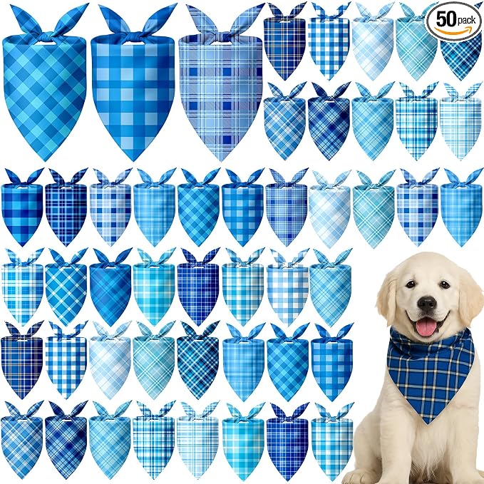 50 Pcs Plaid Dog Bandanas Bulk Blue Checkered Bandanas for Dogs Triangle Kerchief Bibs Scarf Set for Pet Holiday Costume Photo Props Accessories Pet Shops (25.6 x 17.7 x 17.7 Inch)