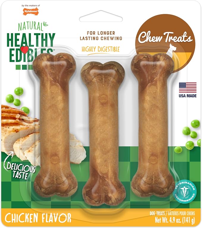 Healthy Edibles Natural Dog Chews, Long Lasting Bones for Dogs, Chicken Flavor Dog Treats, Small (3 Count)