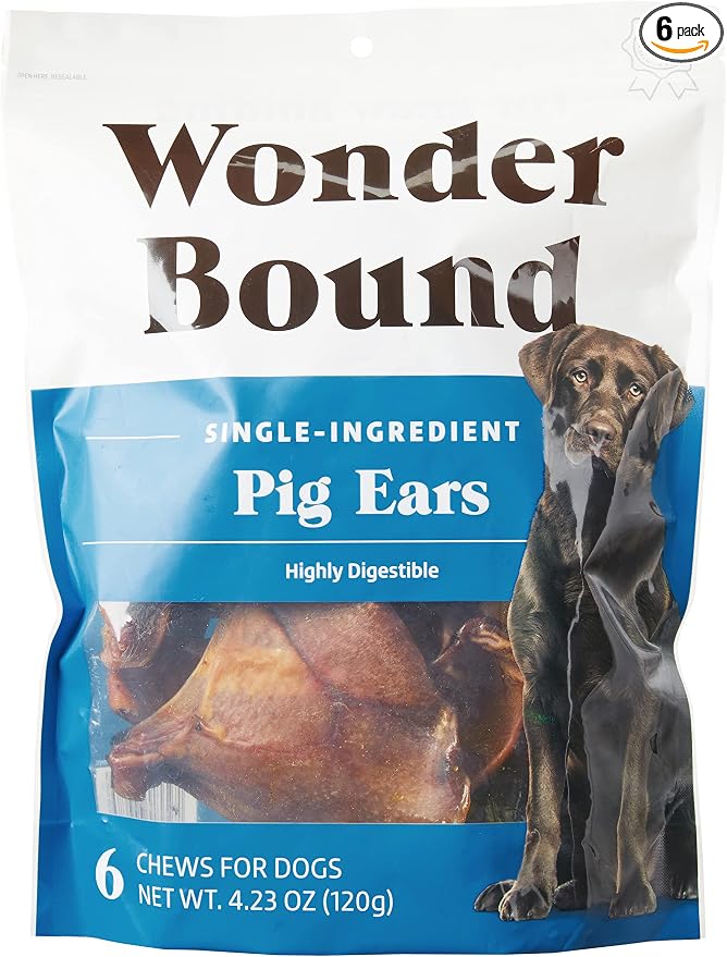 Amazon Brand – Whole Pig Ears Dog Treats, Pork, 6 ounce, 6 Count (Pack of 1)