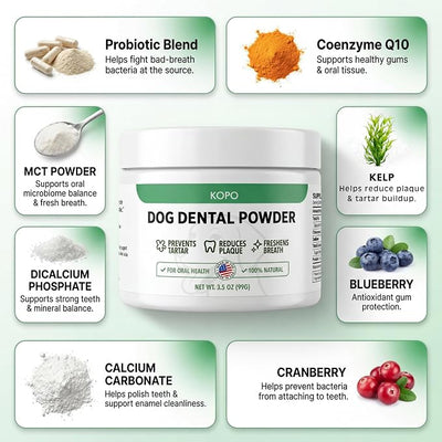 KOPO Dog Dental Powder | Dog Oral Care Supplement | Supports Fresh Breath & Gum Health | Helps Reduce Plaque & Tartar Buildup | Beef Liver Flavor | All Breeds & Sizes