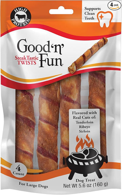 GOOD 'N' FUN SteakTastic Twists, High-Protein, Long-Lasting Chews for Large Dogs, Made with Three Cuts of Steak Plus Beef Hide, Chicken Breast and Pork Hide, 4 Count
