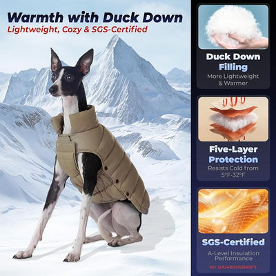 SPACE LION Dog Puffer Jacket, Down Winter Coat, Durable Outdoor Coat for Cold and Windy Conditions, Lightweight & Adjustable Fit Coats for Medium Dogs, (Khaki, Size14/L)