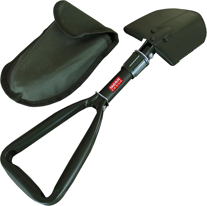 TABOR TOOLS J35A Folding Shovel, Portable Survival & Camping Shovel, Compact Tactical Entrenching E-Tool for Off-Road, Beach, Snow & Emergencies, Steel Blade with Carrying Pouch