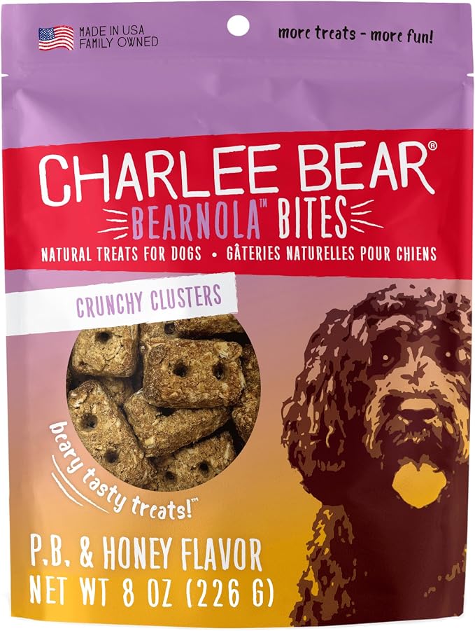 Bearnola Bites Crunchy Dog Treats, Peanut Butter and Honey, 8 Ounce Resealable Bag, Limited Ingredient, Natural, Healthy Granola Dog Snacks, Made in USA
