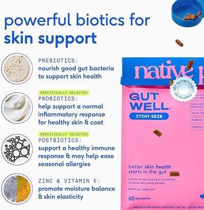 Native Pet Dog Itching Skin Relief Supplement - Allergy Support Powder Triple-biotic with Zinc and Vitamin E - Seasonal Itch Relief for Dogs - 60 Scoops