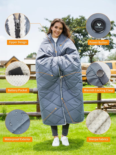 Heated Blanket Battery Operated,12V Cordless heating pad with 15000 battery,Heated Shawl Throw Blanket,Wearable Heated Blanket,Sherpa Lining,3 Heating Set for Outdoor Camping,Backpacking,Hiking,Travel