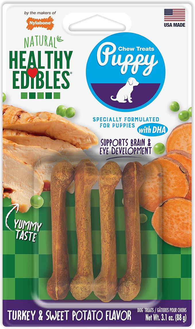 Nylabone Healthy Edibles Natural Puppy Chews Long Lasting Treats for Puppies, Turkey & Sweet Potato Dog Treats, X-Small/Petite (4 Count)