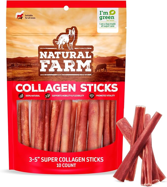 Natural Farm Odor-Free Super Collagen Dog Chews (3-5 Inch, 10-Pack) The First Ever Real Bull Sticks Alternative: 100% Natural Angus Hide Collagen Treats - More Protein, More Chew Time for All Dogs