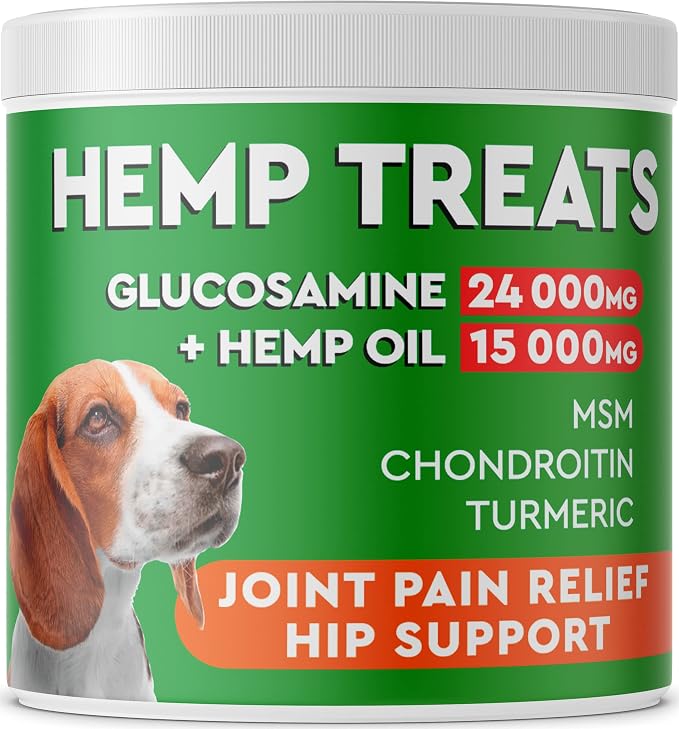 Hemp + Glucosamine Treats for Dogs - Made in USA Hip & Joint Supplement w/Hemp Oil Chondroitin MSM Turmeric - Natural Pain Relief - All Breeds Sizes - 120 Soft Chews - Bacon Flavor