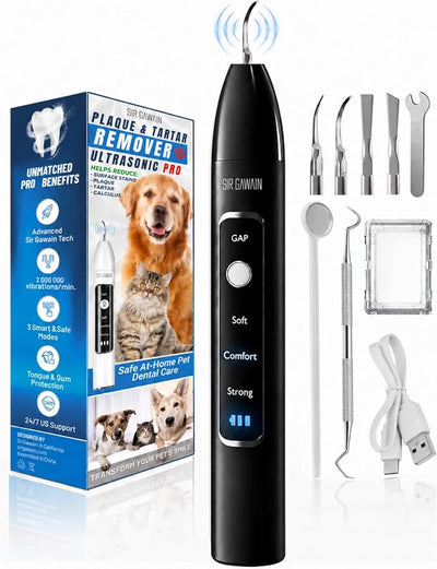 SIRGAWAIN Pet Ultrasonic Dental Cleaner — Plaque, Tartar & Stains Remover, 4 Tips, 3 Modes, LED, Contact-Activated & Smart Touch Protection, Complete Cleaning Kit for Dogs & Cats (Black)