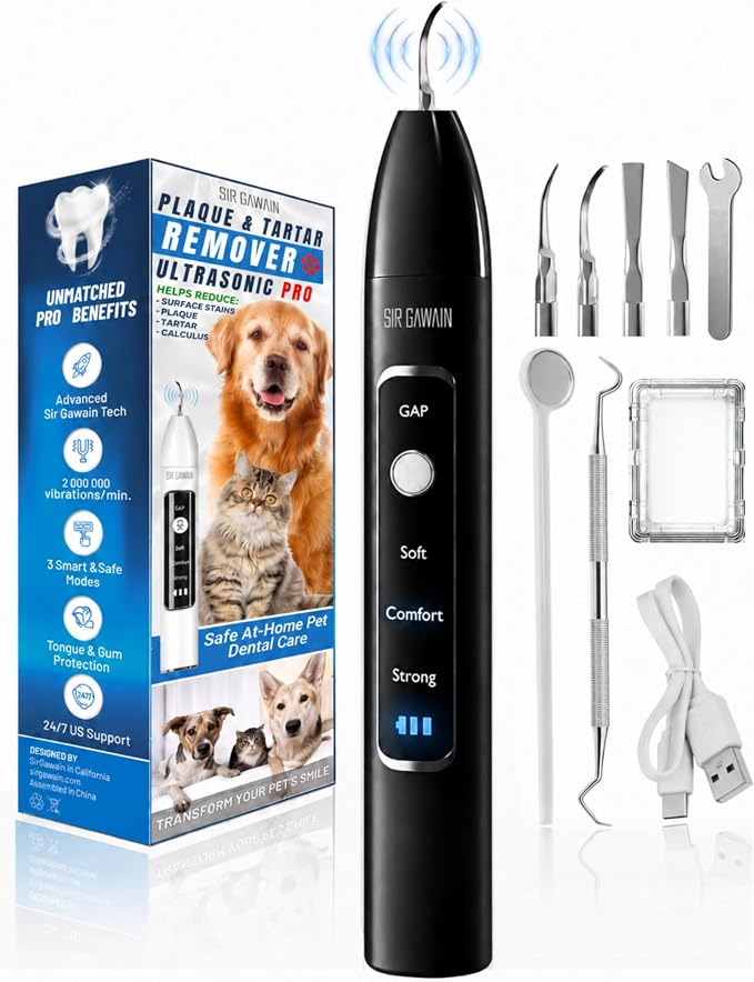 Pet Ultrasonic Dental Cleaner — Plaque, Tartar & Stains Remover, 4 Tips, 3 Modes, LED, Contact-Activated & Smart Touch Protection, Complete Cleaning Kit for Dogs & Cats (Black)