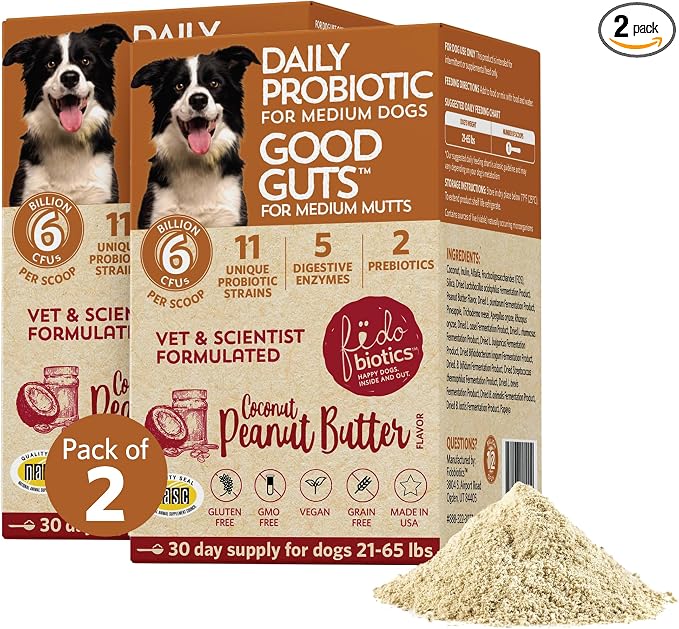 Good Guts Probiotics for Dogs – Dog Probiotic Powder for Digestive Health, Gas Relief & Firmer Stools, 6B CFUs, Enzymes & Prebiotics, Medium Dogs, Puppies & Adults, Pack of 2