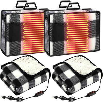 Tuanse 2 Pcs USB Heated Blanket 25"x35" Small Portable 5v 3 Setting Electric Blanket with Timer and Temperature Controller Winter Wearable Recharge Throw for Travel Home(Single Black and White Plaid)